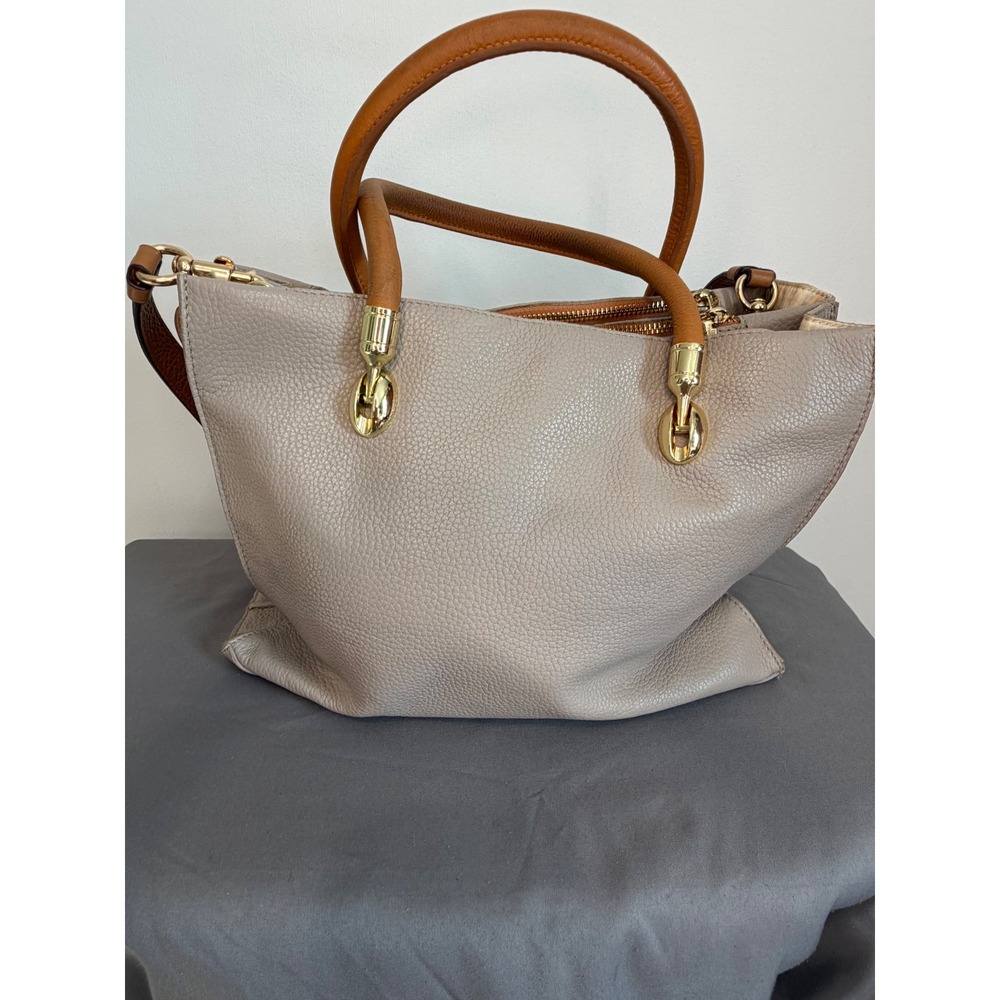 Valentina Italy Pebbled Leather Satchel Crossbody Bag Taupe Cognac Two Tone - Picture 2 of 8